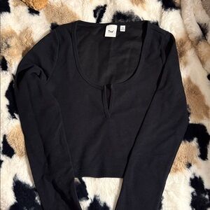 TNA Black Ribbed Long-Sleeve Scoop Crop Top